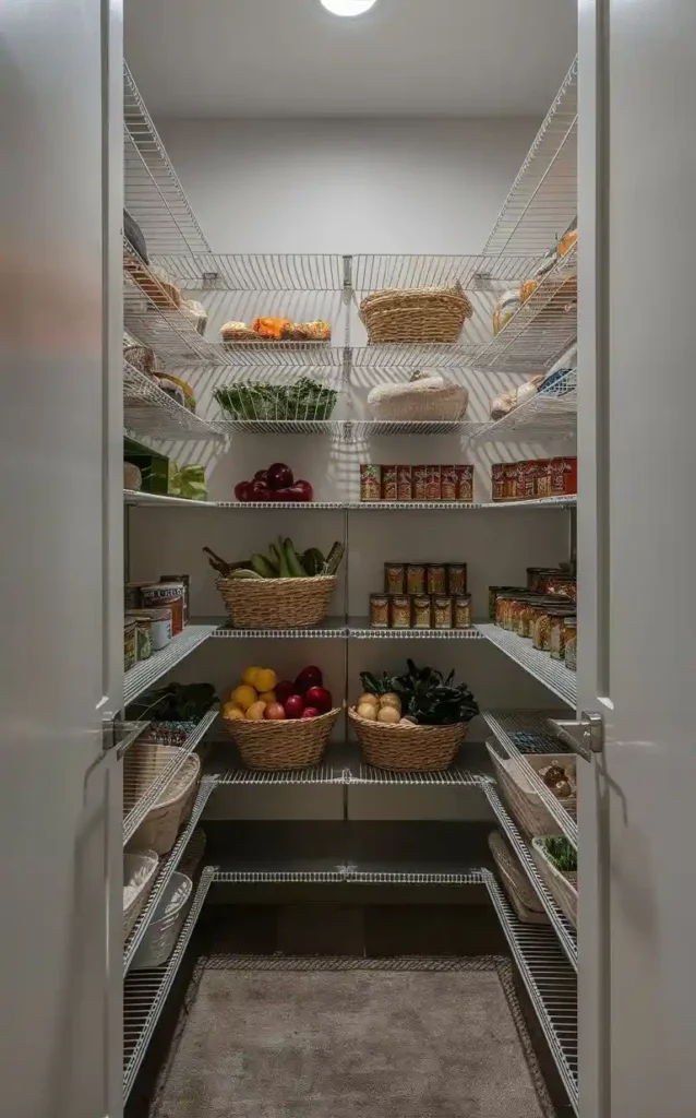 Wire shelving in pantries enhances air circulation while providing organized storage for fresh produce and canned goods.