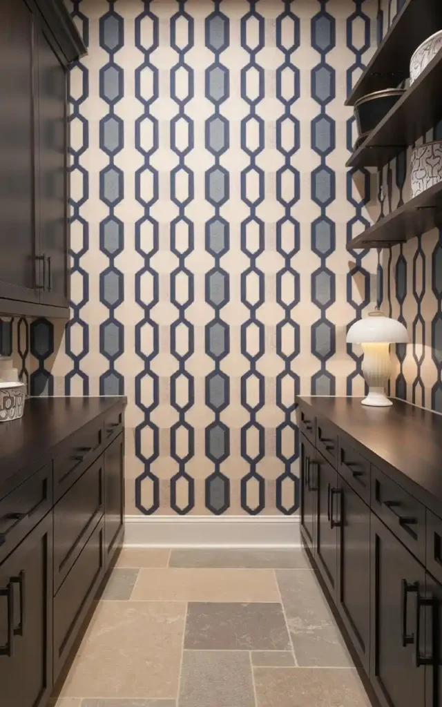 Storage room with dark cabinets and a geometric accent wall in navy and beige.