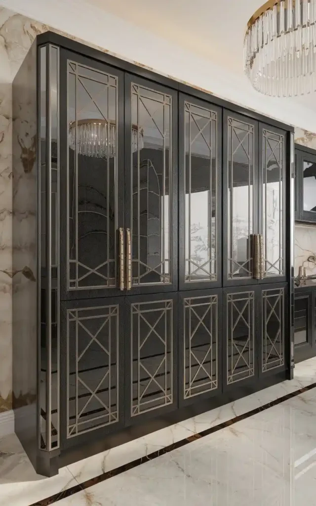 Luxurious art deco freestanding pantry cabinet with mirrored doors and geometric detailing.