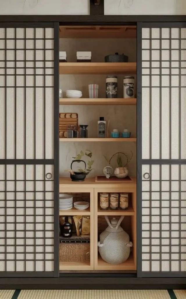 Asian-inspired zen pantry with sliding shoji doors and organized wooden shelves.