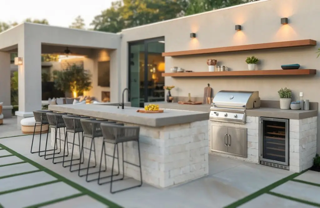 Spacious outdoor kitchen with wine cooler and grill