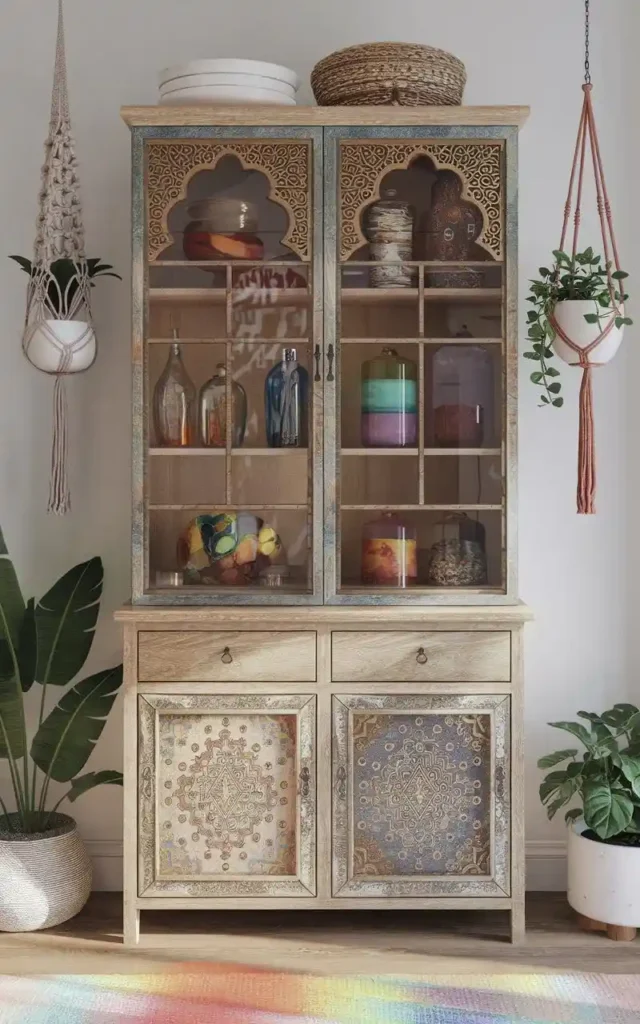 Bohemian-style pantry cabinet with intricate patterns, vibrant decor, and eclectic storage.