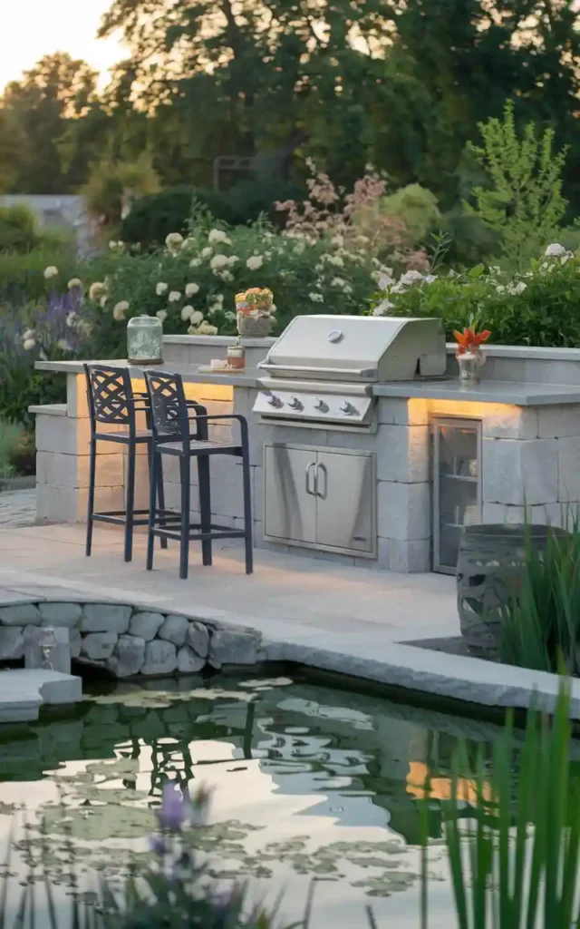 Built-in bar with grill in a serene garden setting, featuring comfortable stools, ambient lighting, and a peaceful pond.