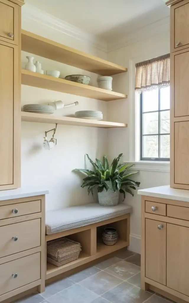 Built-in pantry seating area with open shelves, natural light, and decorative elements.