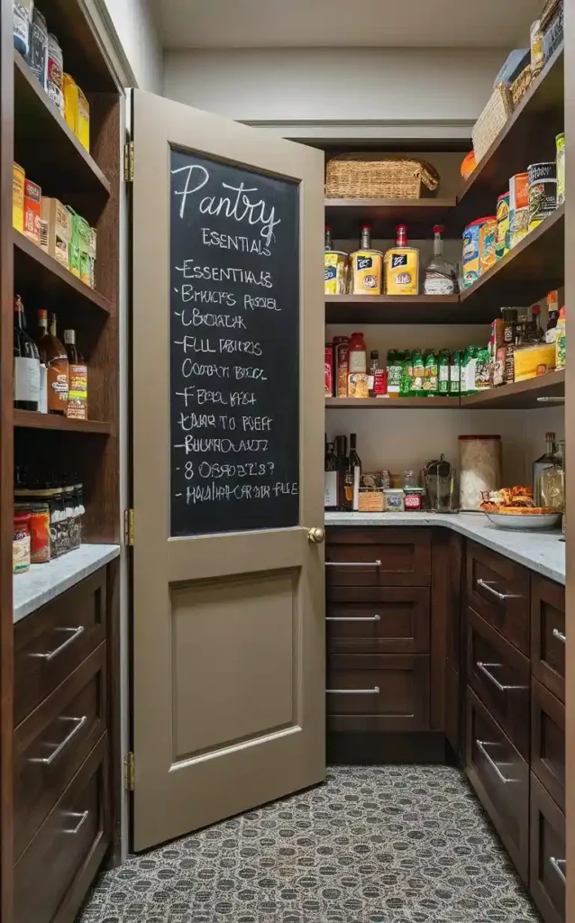 Well-organized pantry with a chalkboard wall for notes and menu planning.