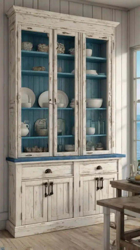 Rustic coastal pantry cabinet with distressed white wood and vibrant blue interior shelves.