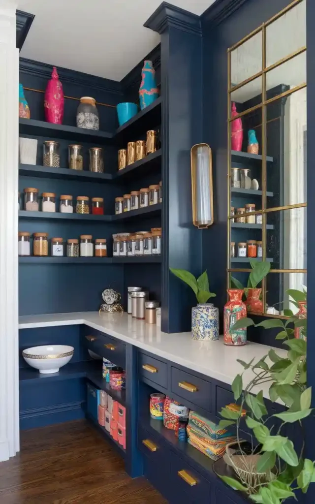 Pantry with deep blue cabinets, colorful containers, and brass hardware accents.