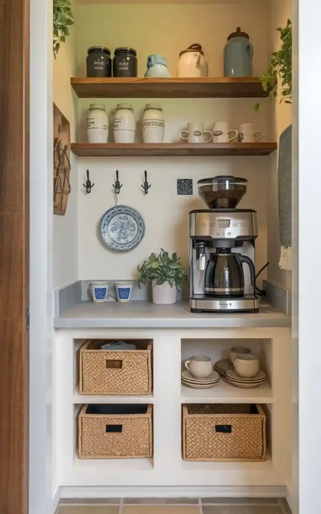 Compact coffee station with shelves, coffee machine, and organized storage baskets.