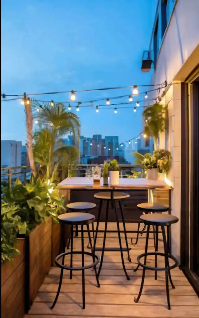 Cozy compact rooftop bar with string lights, plants, and city skyline view, offering a perfect spot for drinks in a small space.