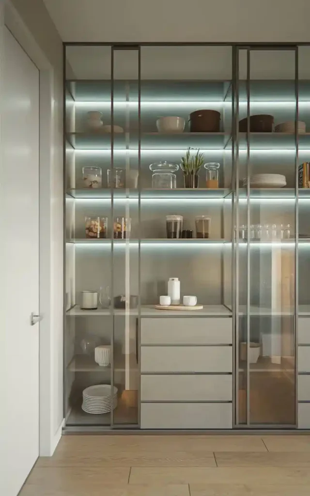 Modern acrylic and steel pantry with glass shelving and LED lighting.