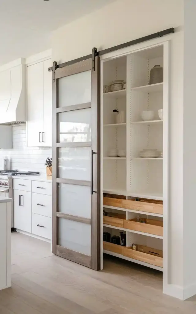 Modern pantry with a sliding barn door and organized wooden pull-out shelves.