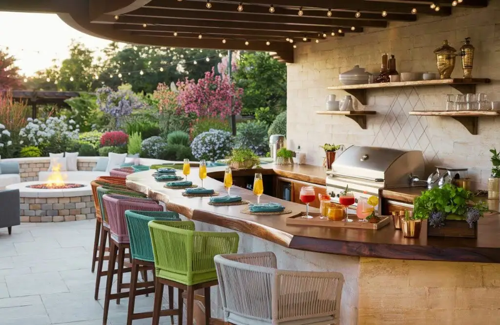 Elegant outdoor kitchen with bar seating, vibrant flowers, and a cozy fire pit area for evening gatherings.