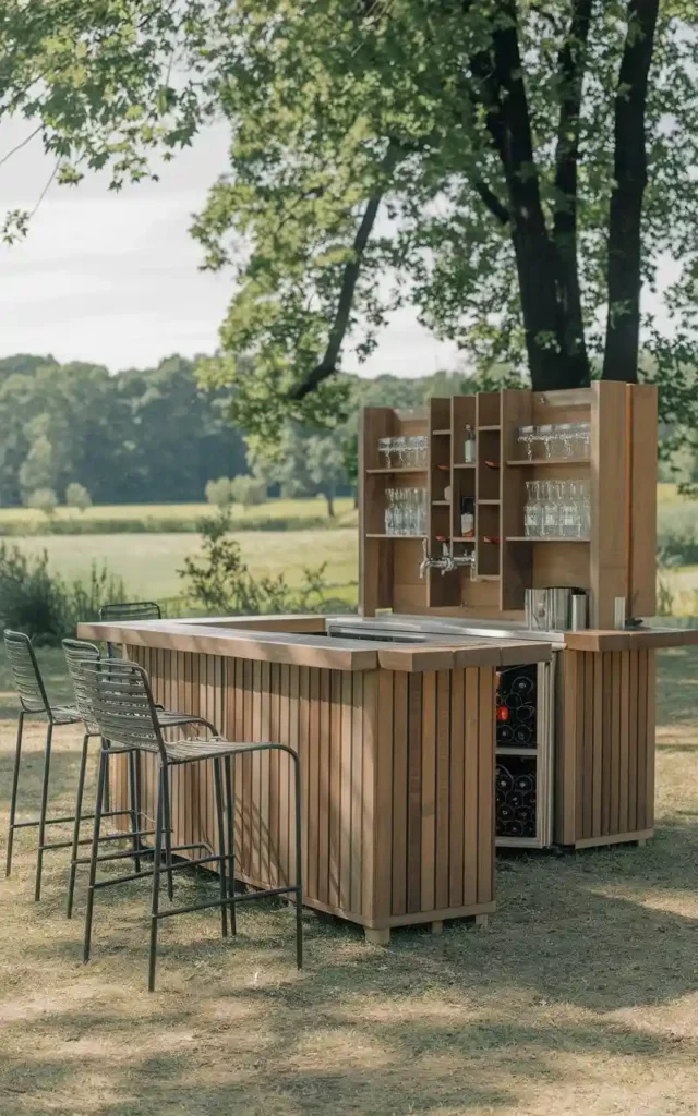 Customizable modular outdoor bar with sleek wooden design, glass storage, and spacious countertop, surrounded by green open space.