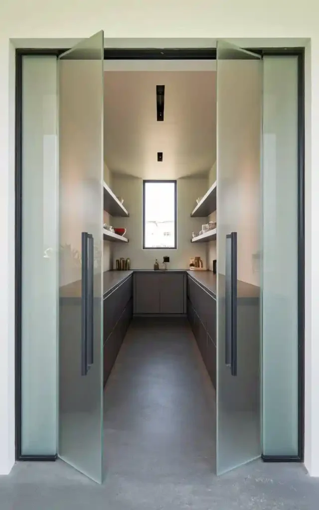 Modern pantry with double frosted glass doors for an open and airy feel.