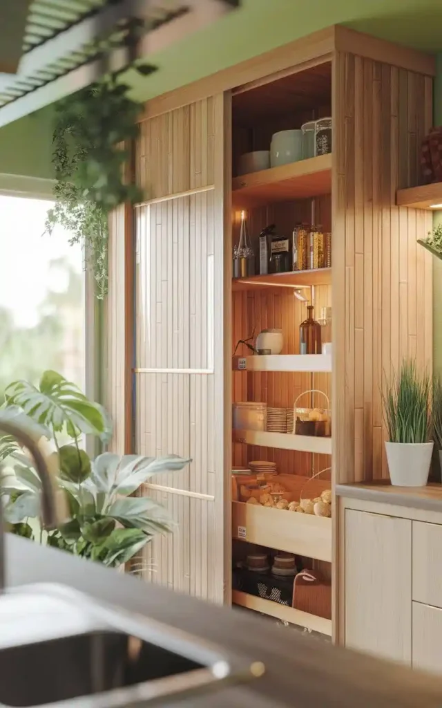 Eco-friendly bamboo pantry with natural wooden shelves and greenery accents.