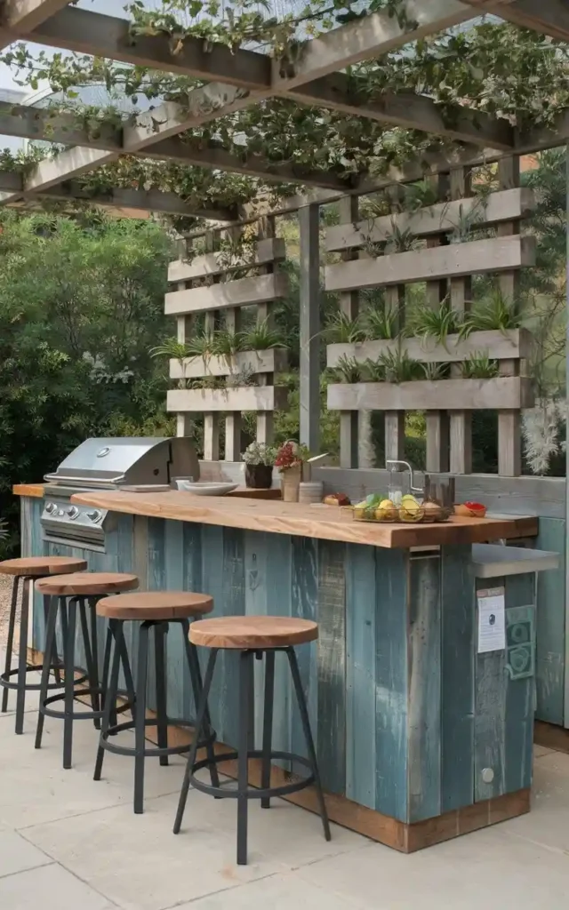 Eco-friendly outdoor bar made with sustainable materials, featuring wooden stools, a green plant wall, and a sleek grill.