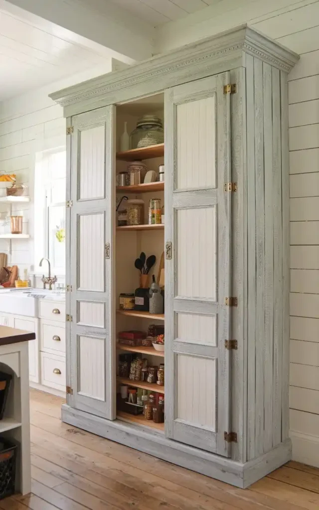 Rustic farmhouse pantry cabinet with light blue wood finish and organized shelves.