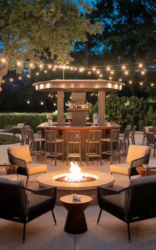 Outdoor fire pit bar with string lights, comfortable seating, and a cozy ambiance.