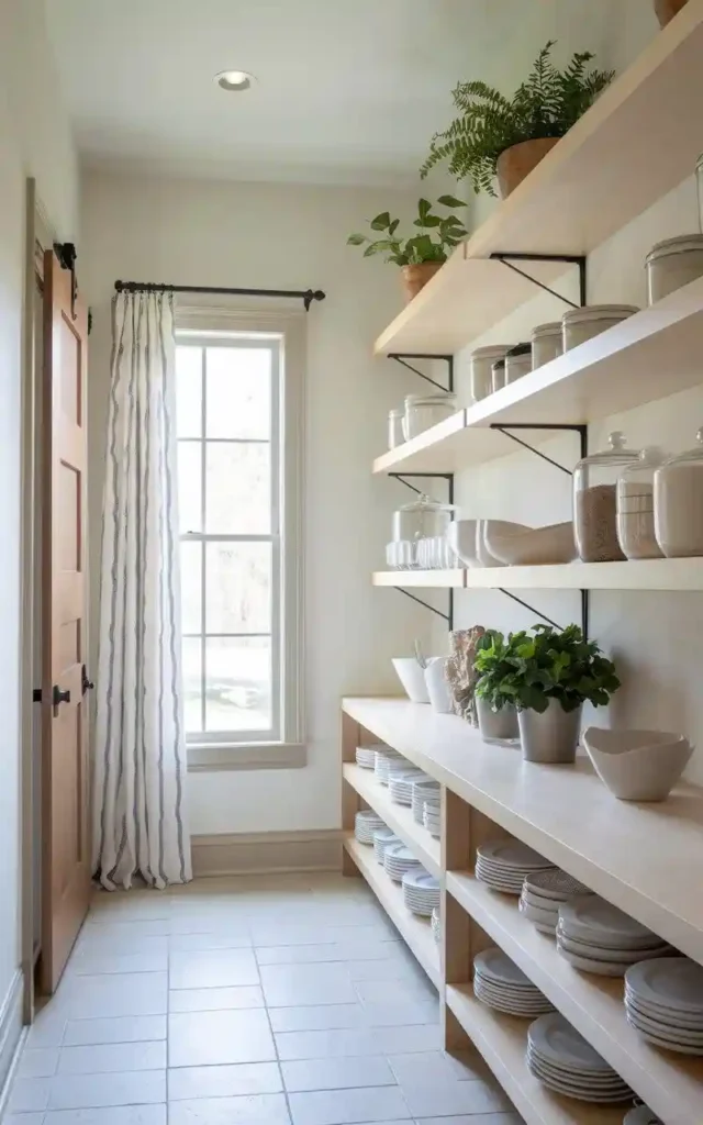 Pantry with floating shelves, open storage, and natural light for a spacious feel.