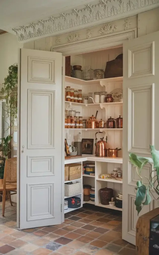 Charming French country pantry with double doors, organized shelves, and rustic decor.