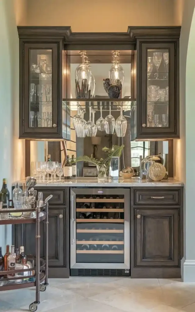 Functional wet bar with glass storage, wine cooler, and decorative accents.