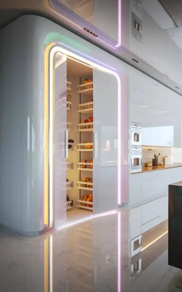 Futuristic pantry with LED lighting and sleek, glossy design