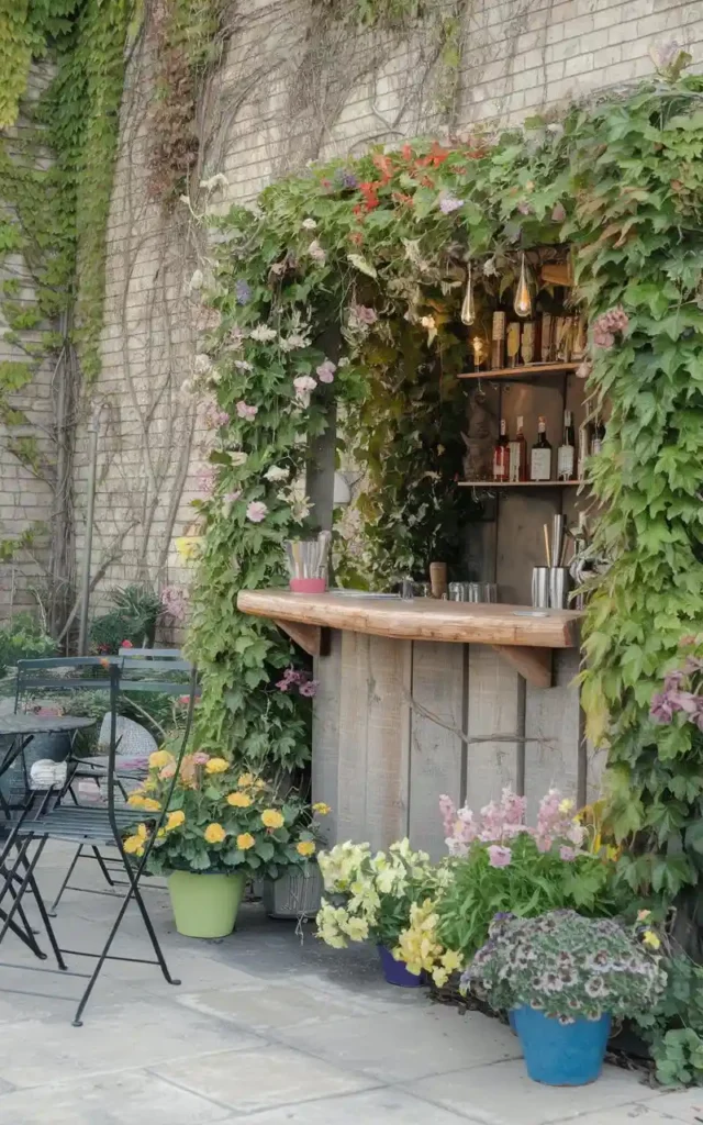 Charming garden bar surrounded by lush greenery and vibrant flowers, with a wooden counter and stylish seating.