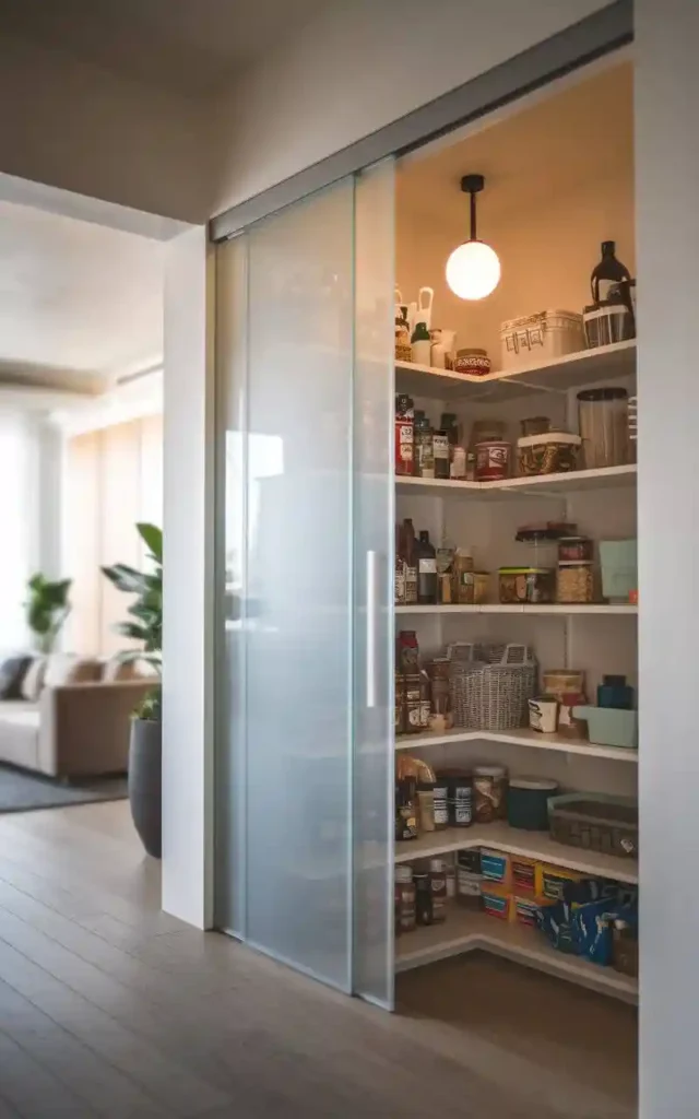 Modern hidden pantry with frosted sliding glass door and built-in shelving.