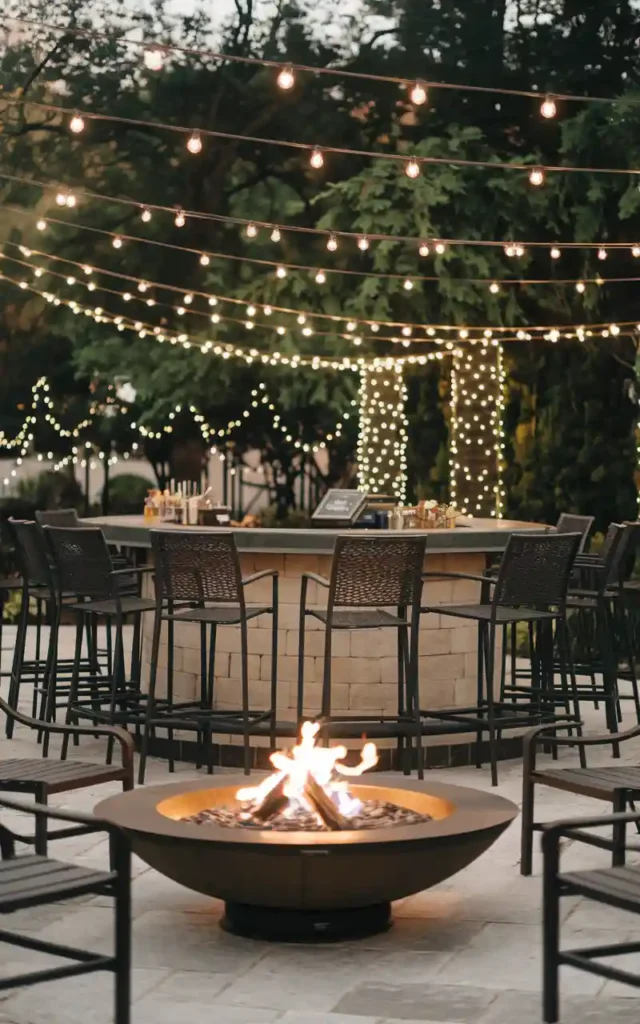 Outdoor high-top seating bar with string lights and a fire pit, creating a warm and inviting atmosphere.