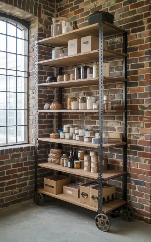 Industrial pantry shelving with metal frame and wooden shelves, featuring organized jars and boxes.