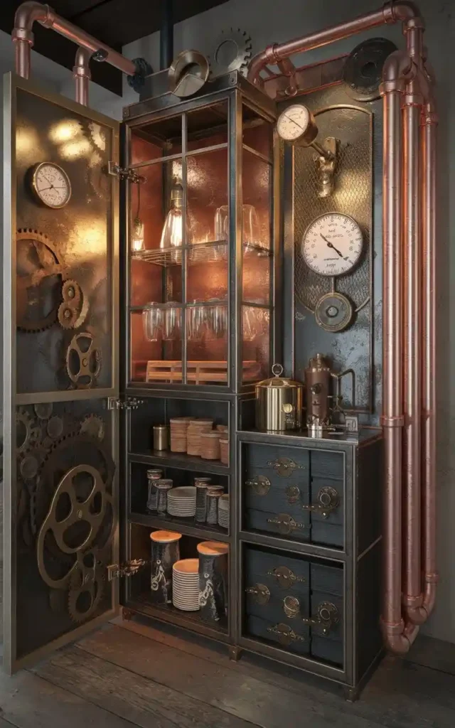 Steampunk industrial pantry with gears, pipes, and vintage decor elements.