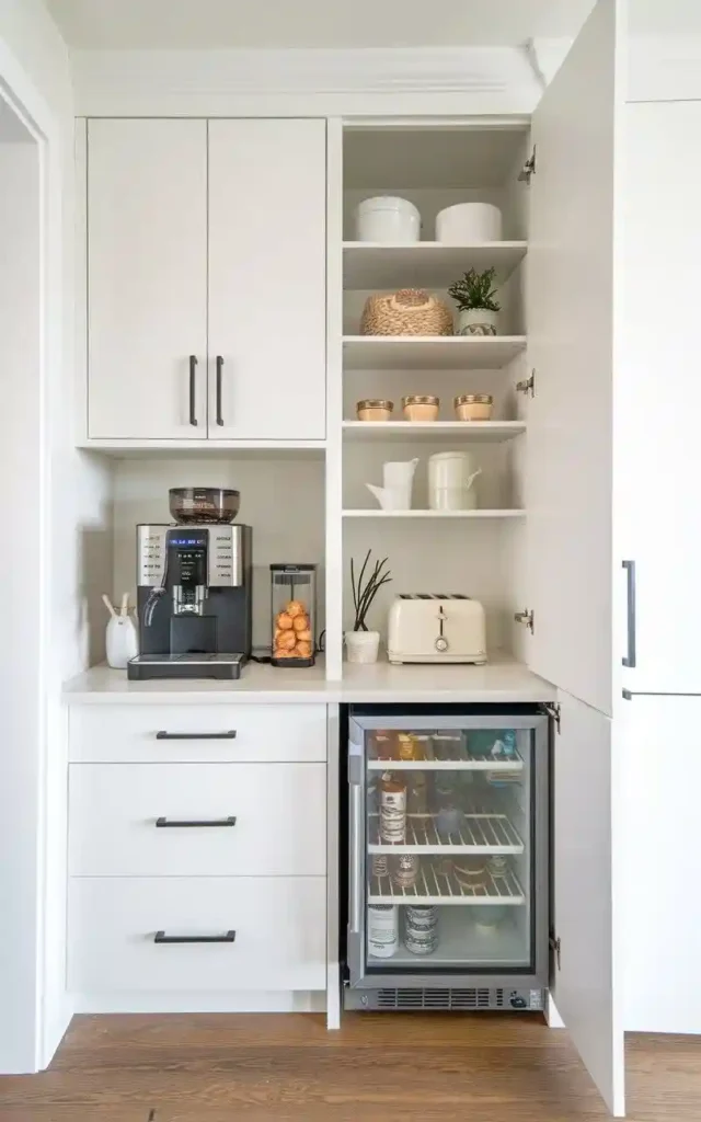 Integrated appliance station with coffee maker, mini fridge, and organized shelving.