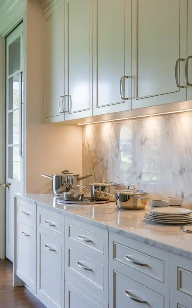 Kitchen with luxury marble countertop, under-cabinet lighting, and white cabinets.