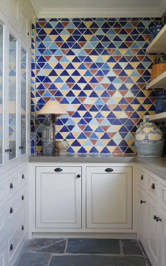 Colorful luxury tile backsplash with triangle patterns in a classic kitchen.