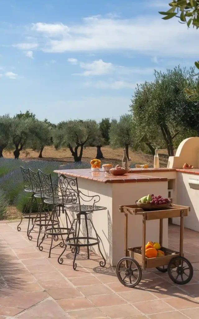 Mediterranean-inspired outdoor bar with wrought iron stools, fresh fruit, and olive trees in the background.