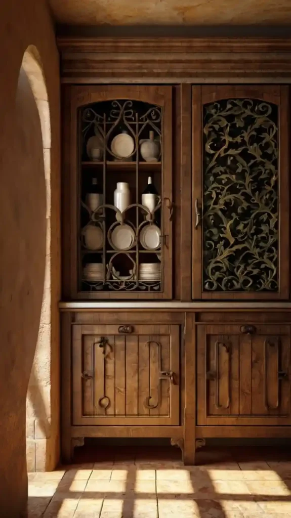 Rustic Mediterranean pantry cabinet made from olive wood with decorative wrought iron.