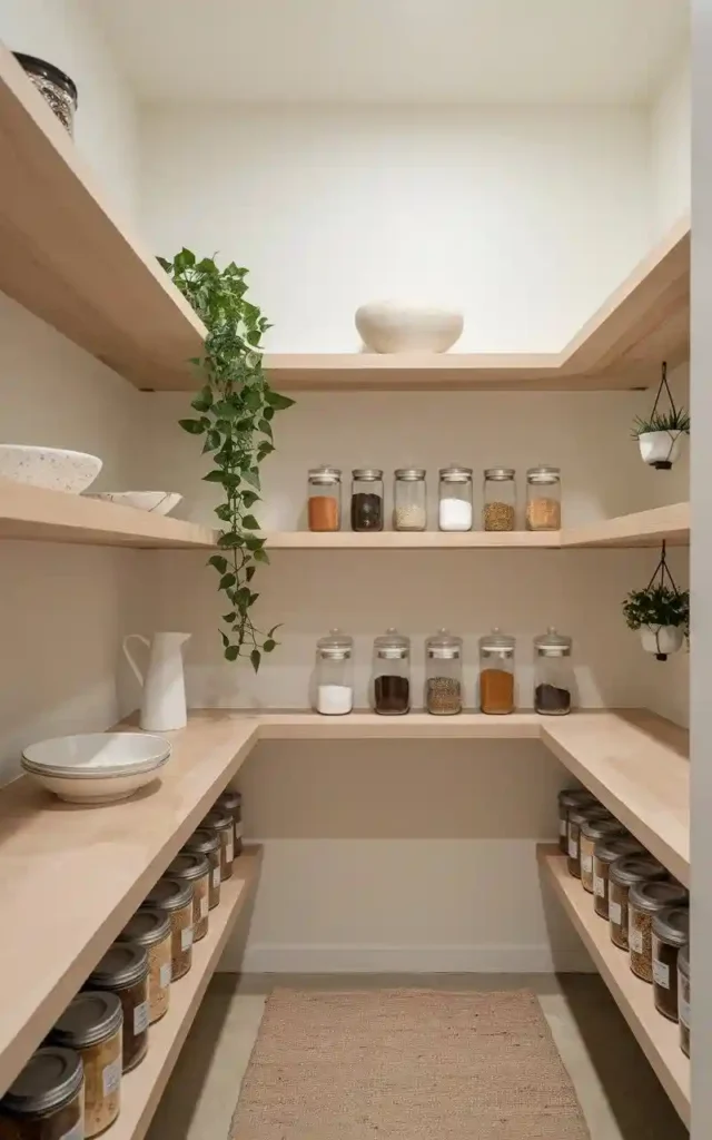 Organized pantry with minimalist open shelves and labeled jars for easy access.