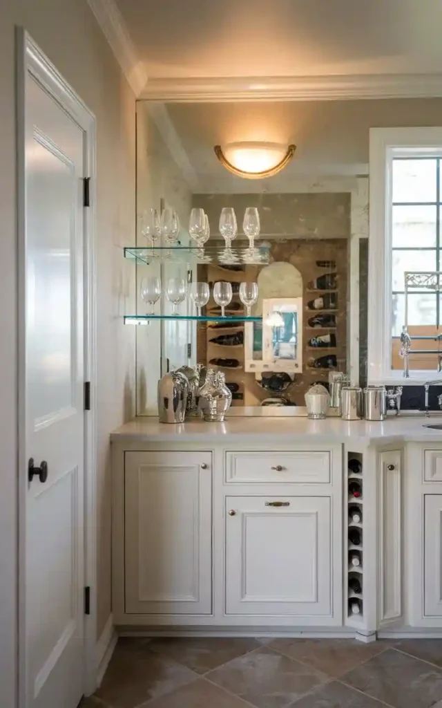 Elegant wet bar with mirror backsplash, glass shelves, and white cabinetry.