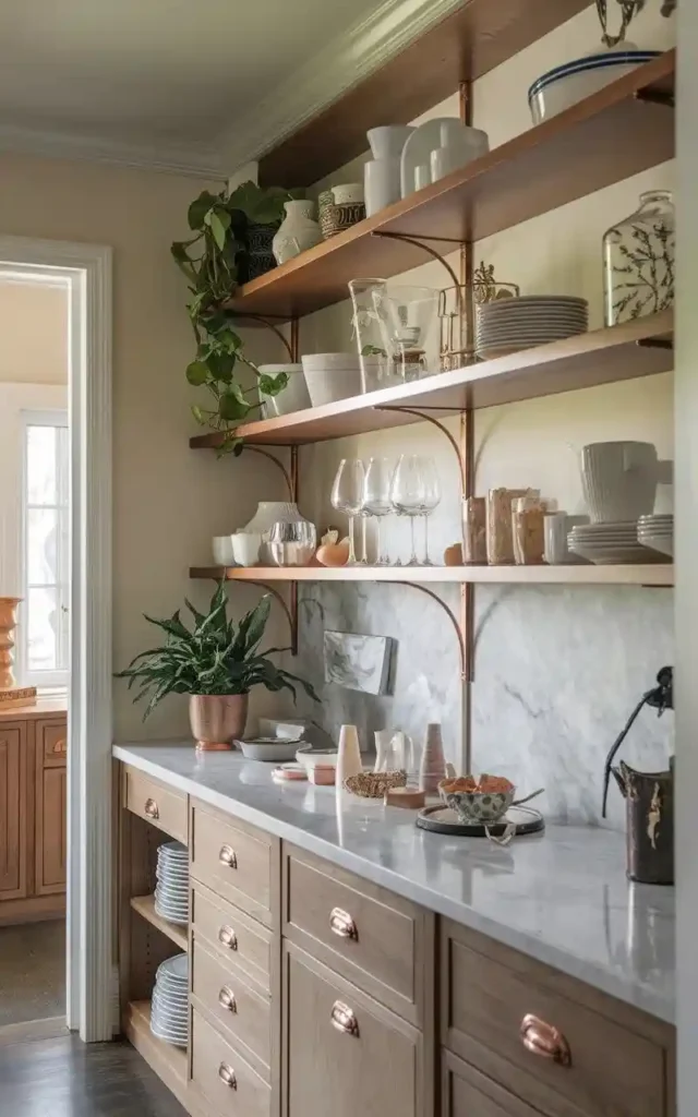 Kitchen with mixed materials featuring wood shelves, marble backsplash, and copper accents.