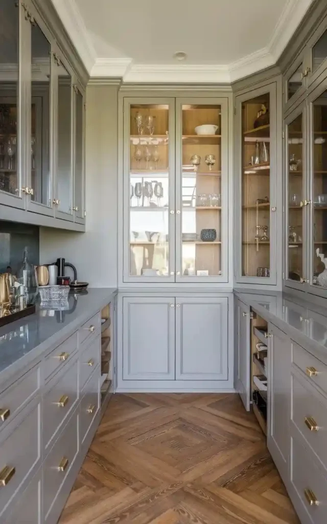 Classic butler’s pantry with glass cabinets, brass hardware, and herringbone wood flooring.