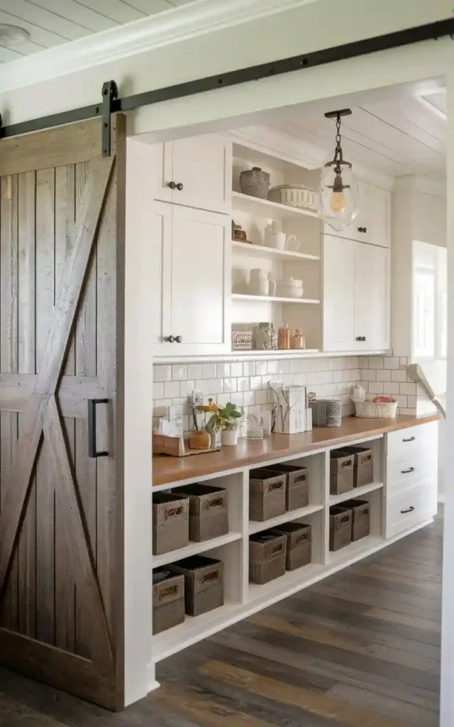 Farmhouse-style kitchen with wood barn door, white cabinets, and subway tile backsplash.