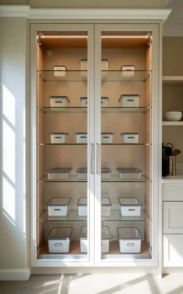 Modern minimalist pantry with glass doors and organized storage bins.