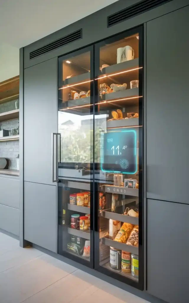 Modern smart pantry with glass doors, LED lighting, and digital display.