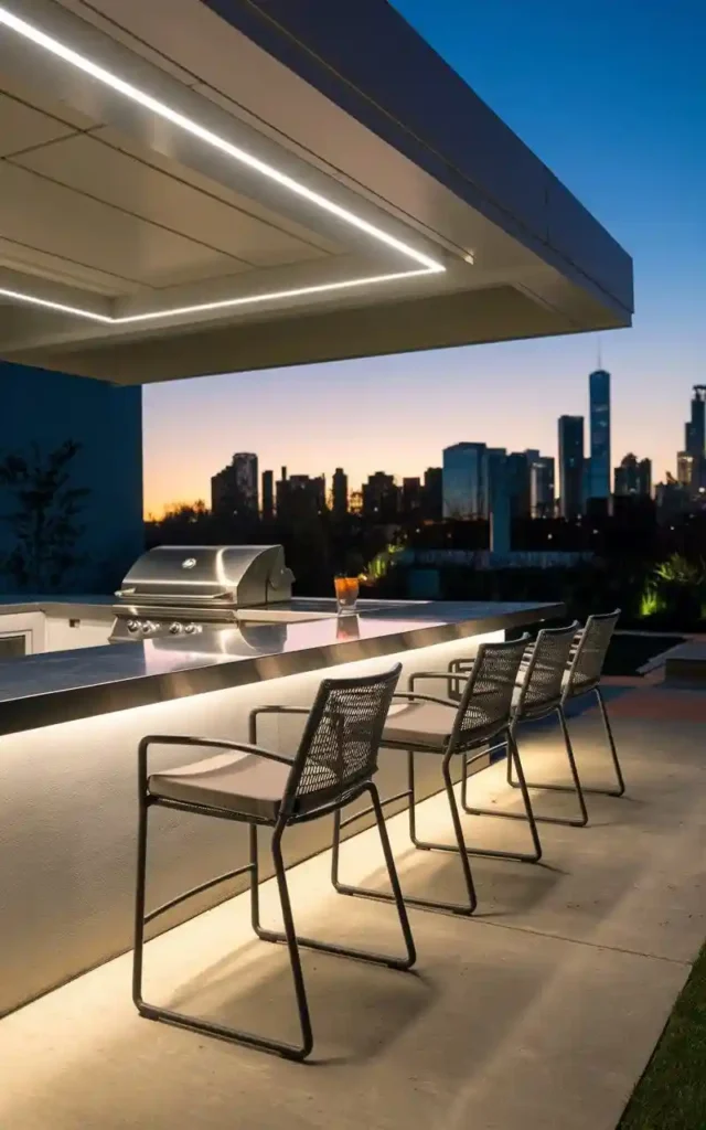 Sleek modern outdoor bar with stainless steel countertop, stylish seating, and a city skyline backdrop at sunset.