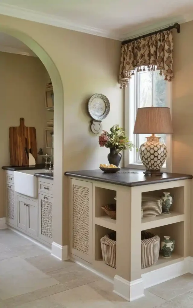 Kitchen with multi-level countertops, open shelving, and decorative accents.