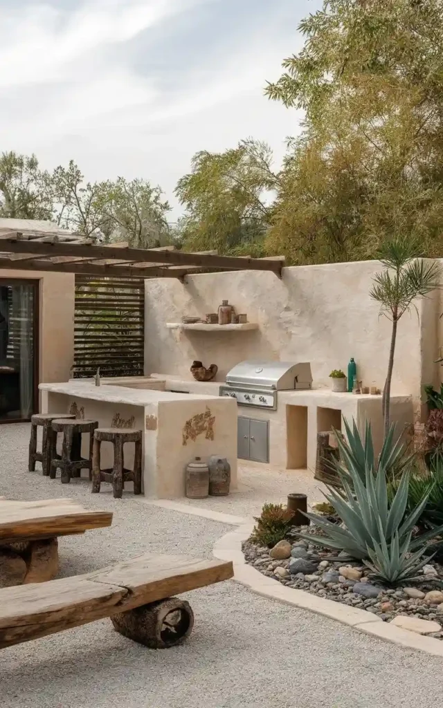 Rustic outdoor bar made from natural stone, featuring a grill, wooden stools, and desert-inspired landscaping.