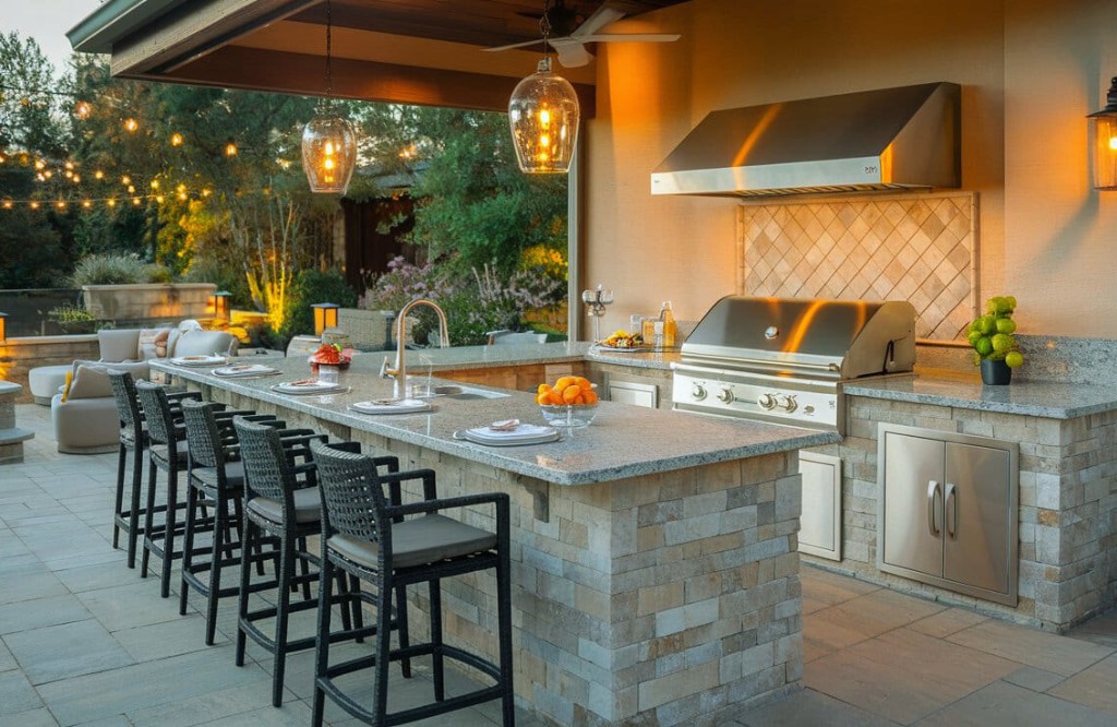 Stylish outdoor kitchen bar with granite and modern grill