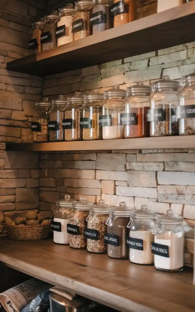 Organized pantry with personalized labels on glass jars and a stone wall.