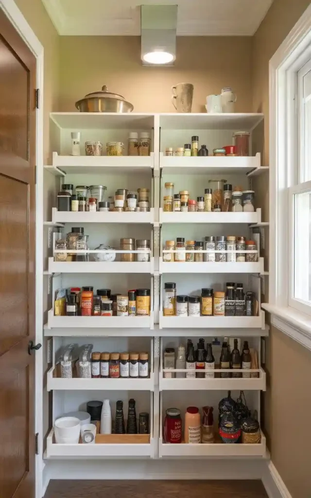 Organized pantry with pull-out shelving for easy access to spices and jars.