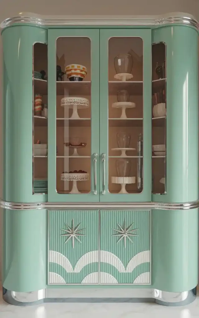 Retro 1950s inspired pantry with mint green finish and chrome accents.